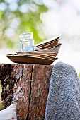 Gestapelte Papierteller und Gläser auf einem Baumstamm fürs Picknick