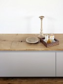 Modern white low sideboard with rustic wooden top