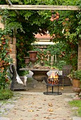 Autumnal seating area with climber-covered pergola and fire basket
