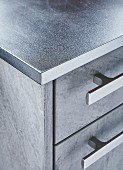 A stainless steel kitchen worktop (detail)