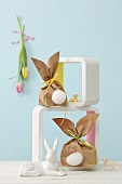 Bunny gift bags with cotton tails in shelf modules
