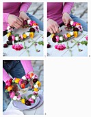Instructions for making a heart-shaped wreath of ranunculus