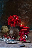 Rote Amaryllis in einer Kugelvase mit weihnachtlicher Deko auf einem Brett