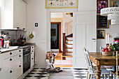 Little girl and cat on painted wooden floor in kitchen of period apartment