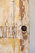 Detail of door with peeling paint and lion-head handle