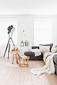 Studio lamp, wooden floor and white walls in living room