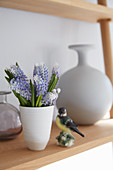 Purple and white grape hyacinths in ceramic beaker