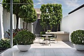 Modern courtyard garden with seating and outdoor kitchen