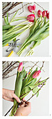 Steps for making a spring bouquet of tulips and twigs