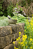 Stone pestle and mortar on stone wall of raised bed in garden