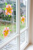 Hand-made felt flowers decorating window for spring