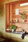 Sink and shelf in alcove with wooden paneling