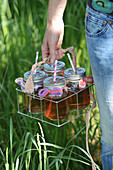 Summer drinks in screw-top jars with crocheted bows