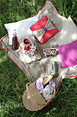 Top view of vintage-style picnic on crocheted blanket