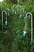 Candle lanterns hung from crooks lining overgrown garden path