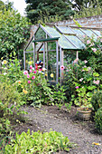 Greenhouse in rustic garden with earth pathways
