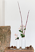 Zwei weiße Vasen mit Rosen und Zweigen auf einem Schemel