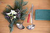 Materials for making a festive flower arrangement in a ladle