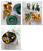 Instructions for arranging bowl of persimmons and snowberries