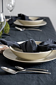 Table set with dark linens and beige crockery