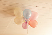 Balloons under wooden ceiling