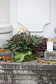 Grave decoration of hellebores and heather