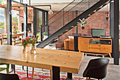 Steel girders and staircase in open-plan living area