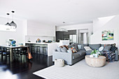 Open living space in black, white and gray