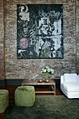 Street art on brick wall in industrial-style living room