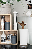 Salt and pepper mills and kitchen roll on shelves on top of black worksurface