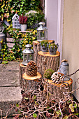 Autumnal decoration with lanterns and cones on tree stumps