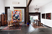 Stylish dining area and Asian tea room with antique furniture