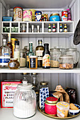 Groceries on kitchen shelves