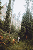 Ein Mann fotografiert im herbstlichen Wald