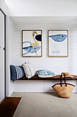 Modern art over integrated bench with cushions
