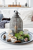 Vintage lantern, tealights and conifer sprigs on tray