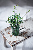 Posy of snowdrops in vase on battered stool