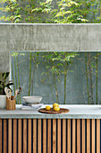 View from kitchen worktop onto green concrete wall
