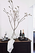 Balloon bottle with branches and trays with drinks on a rustic sideboard