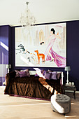 Large painting on purple wall above couch covered in velvet throw