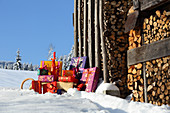 Geschenkpäckchen in farbenfrohem Papier auf Schlitten im Schnee