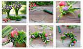 Instructions for tying a wreath of chive flowers, herbs and radishes