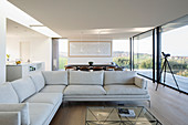 Pale sofa set and glass wall in open-plan interior