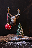 Christmas arrangement of reindeer head, spotted bauble and tiny Christmas tree