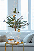 Small Christmas tree decorated with gold baubles and fairy lights behind couch and glass tea set on side table