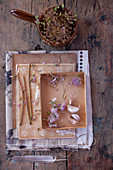 Vintage Tischdekoration mit Knoblauchzehen und Blüten