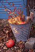Autumn arrangement with fairy lights in vintage zinc brazier in garden