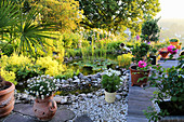 Garden pond surrounded by potted plants on stone flags, gravel and wooden deck
