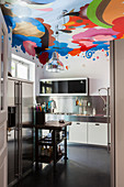 Multicoloured painted ceiling in functional stainless-steel kitchen