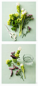 Instructions for making a green and purple flower arrangement with aubergines